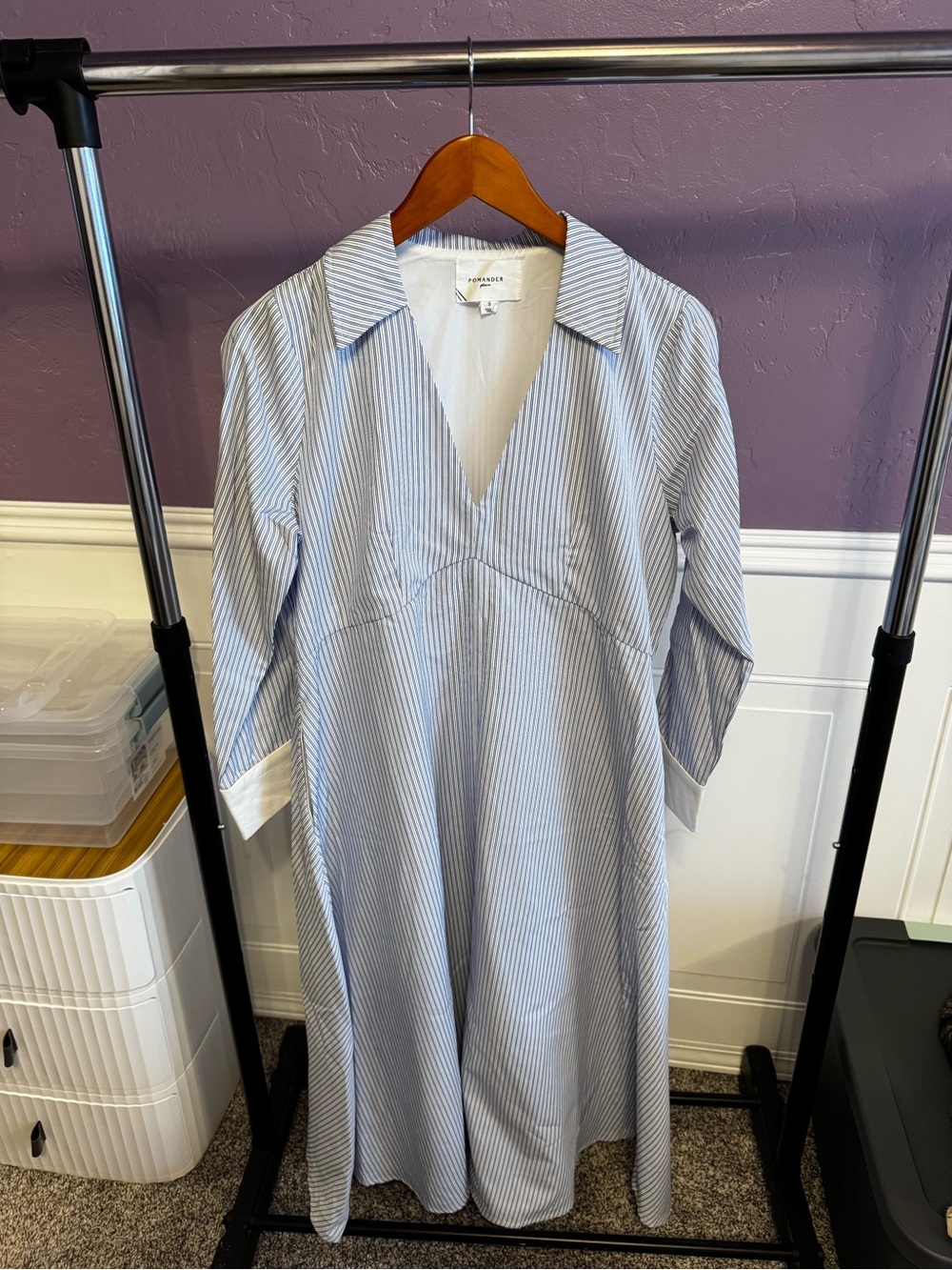 Pomander Place Light Blue Pinstripe V-Neck Midi Dress